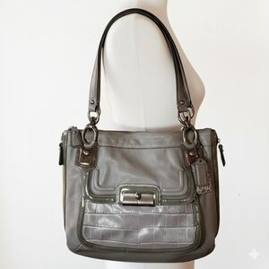 Coach Kristen Spectator Bag Expandable Grey Green Leather Zip Double Handle Auth
